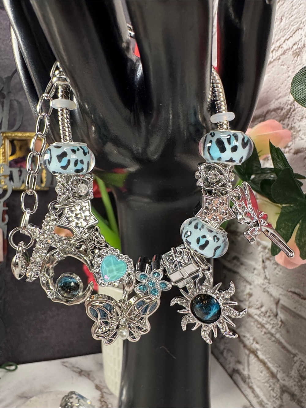Silver-Tone Blue & Turquoise Charm Bracelet